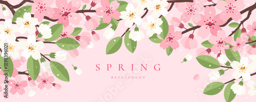 Modern Spring  banner, greeting card, cover, poster with Sakura cherry blossom branches in flat style. Floral art template for sale, Japanese themed, Hanami, Womens Day, Mothers Day, birthday, Easter.