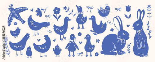 Doodle hand drawn animals and birds. Whimsical rabbits, geese, hens, chicks, flowers and bows. Monochrome blue silhouettes. Vector illustration