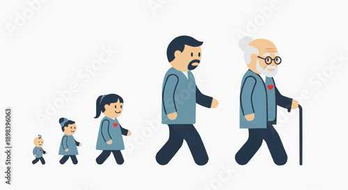 People of different ages walking in line illustrating life stages and generations