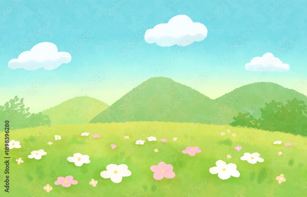 Fototapeta premium 青空と草原と山の背景イラスト