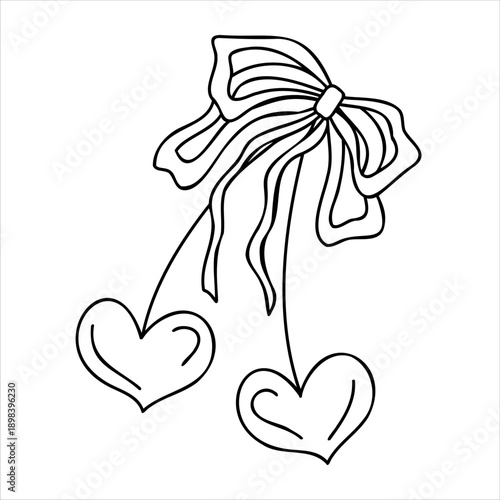  Decorative bow with hanging heart charms, minimalist black line art. Hand drawn ink vector outline illustration for romantic Valentine design for cards, prints, stickers, and wrappers