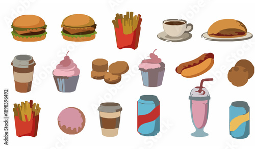 Hand drawn food and drink doodle icon vector set with fast food sweets and coffee in sketch line style