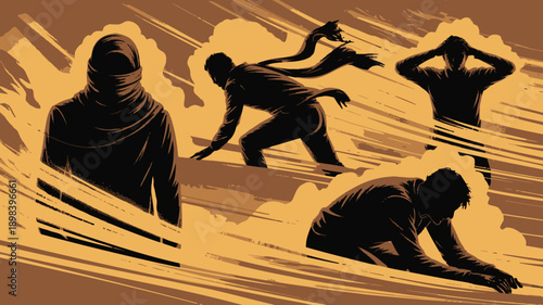 Survivors in Distress Struggling Silhouettes Dramatic Golden Sunset Dusty Turbulent Survival Scene