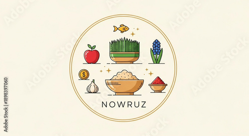 Nowruz Traditional Persian New Year Celebration with Sabzeh, Apple, and Haft-Seen Items