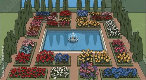 Formal Garden with Fountain and Vibrant Flowers