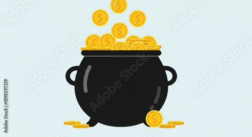 Black Cauldron Overflowing with Gold Coins, Isolated on White Background, Symbolizing Wealth