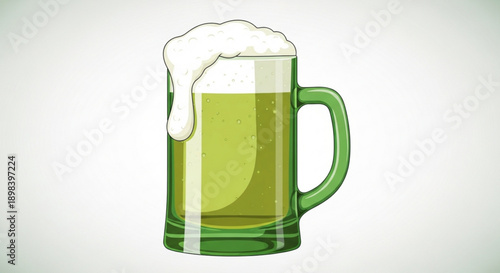 Green Beer Mug with Foam on White Background