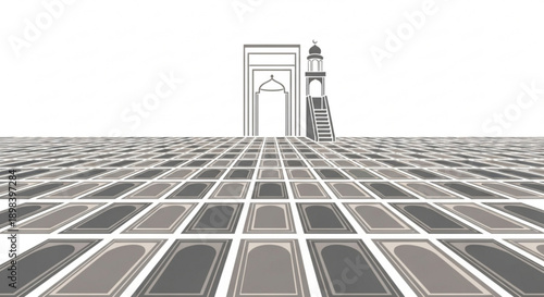 Futuristic Gateway with Tower on Grid Surface, 3D Rendering, Isolated on White