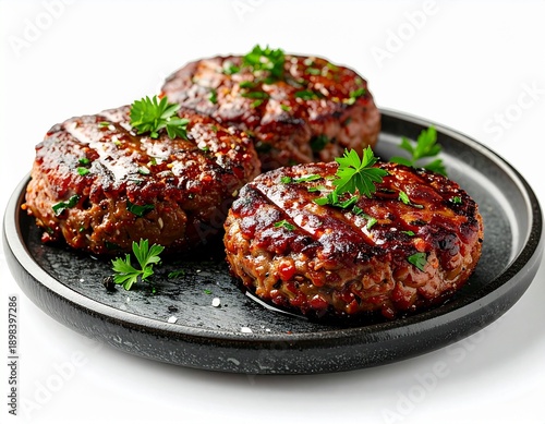 Grilled meat patties on a black plate