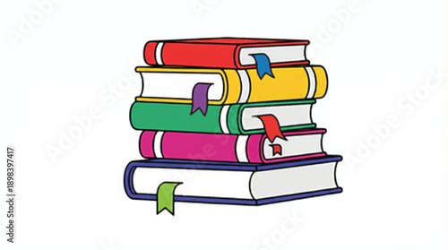 a stack of colorful books with bookmarks  reading material