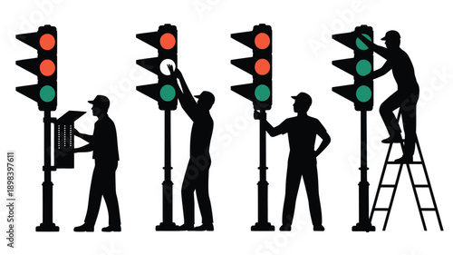 Traffic Light Maintenance Workers in Silhouette with Dramatic Lighting on White Background for Editorial Use