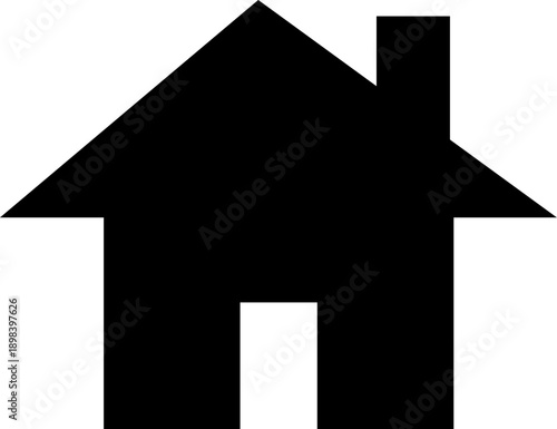 A simple minimalistic black silhouette icon of a house featuring a pointed roof chimney and a clear entrance cutout