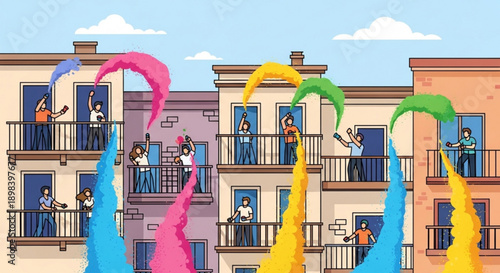 Colorful Apartment Building with People on Balconies and Rainbow Streamers