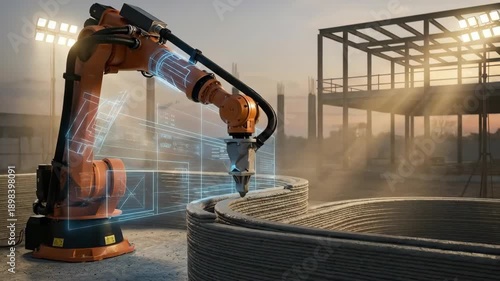 Robotic arm 3D printing a building section for modern construction. Automated future of artificial intelligence in architecture development