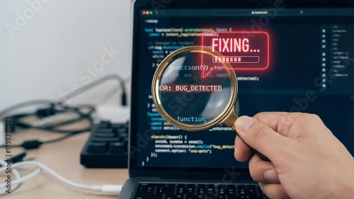 Software bug debugging coding ai agentic tool developer using magnifying glass to detect error code screen and fix bug with focused coding agentic