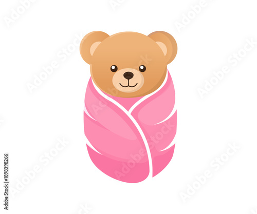 A cute, cartoon teddy bear with a friendly smile, snugly wrapped in a soft pink swaddle blanket vector illustration