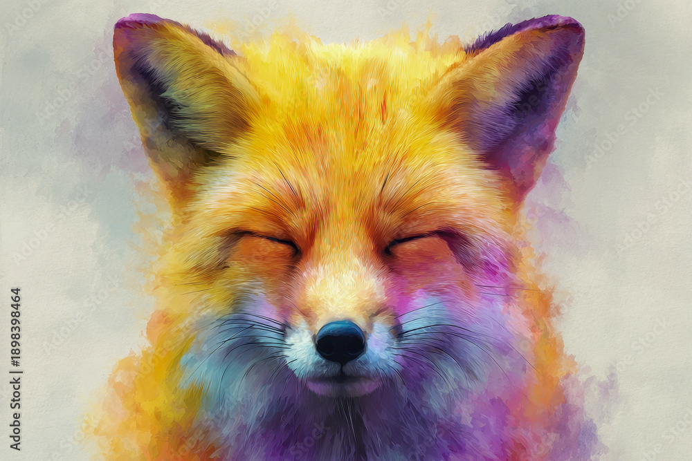 Fototapeta premium Vibrant and colorful artistic portrait of a fox with eyes closed showcasing a blend of warm and cool tones in a soft, painterly style on a neutral background