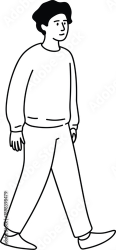 Simple Line Drawing of a Person Walking with Casual Clothing on White Background male figure