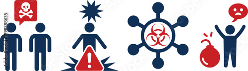 Icons representing danger risk warning and biohazard threat with people symbols vector illustration
