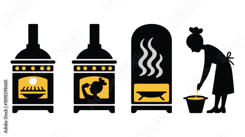 Traditional Wood Stoves in Simple Silhouette with Steam and Woman Fetching Firewood in Monochromatic Color Scheme for Home Heating Illustration