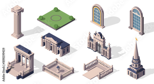 Isometric architectural landmarks collection featuring classical and modern elements