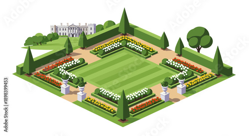 Elegant garden design with geometric hedges and flowerbeds