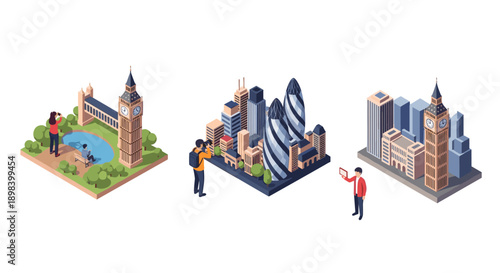 Isometric london cityscape with iconic landmarks and urban life