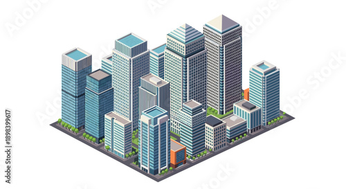 Modern isometric cityscape with skyscrapers and urban buildings