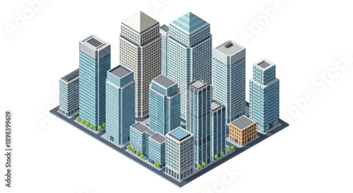 Modern isometric cityscape with skyscrapers and urban architecture