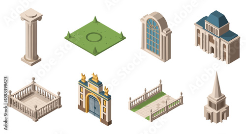 Isometric architectural elements collection featuring classic and modern structures