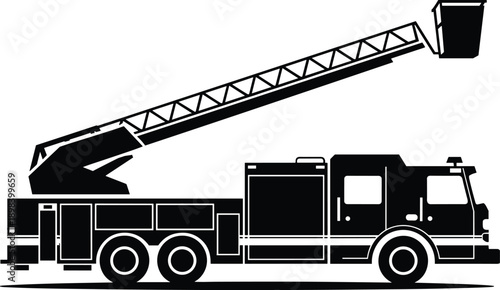 Black silhouette of a fire truck with an extended ladder and basket on a white background fire engine
