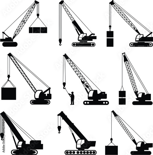 Set of black crane silhouettes and icons with loads on a white background Keywords: crane, silhouette, icon, construction