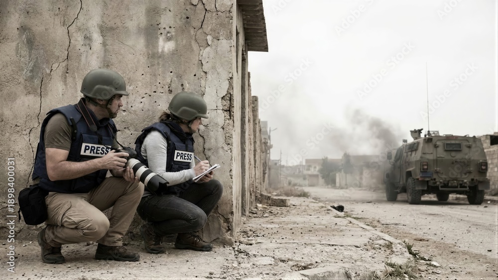 Fototapeta premium Man and woman journalists with helmet and press vests sheltering near damaged building. Reporter covering conflict news. Journalist at war zone