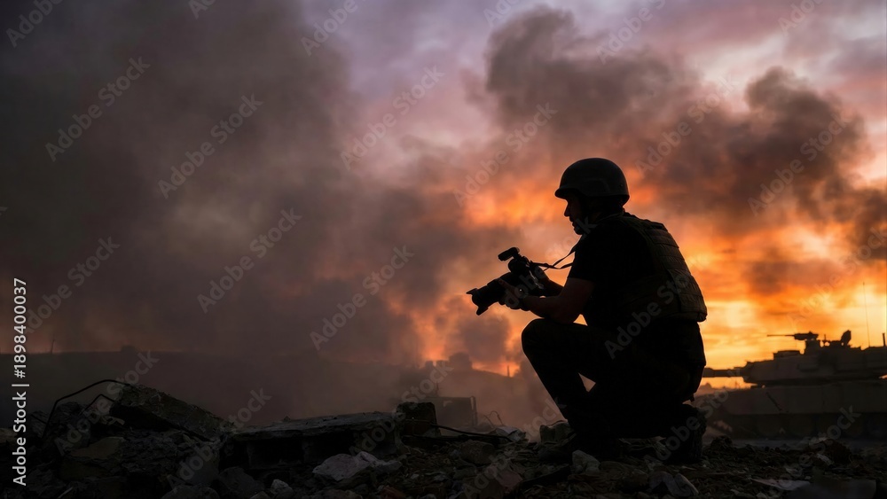 Fototapeta premium Man war journalist with camera on ground against burning sky reporting an event. Concept of military correspondent work. News and press photo concept