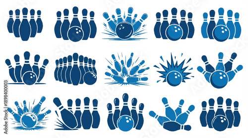 blue bowling icons set with balls and pins in various actions on white background