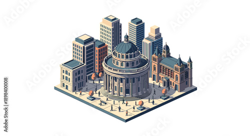 Isometric urban cityscape with classic architecture and modern buildings