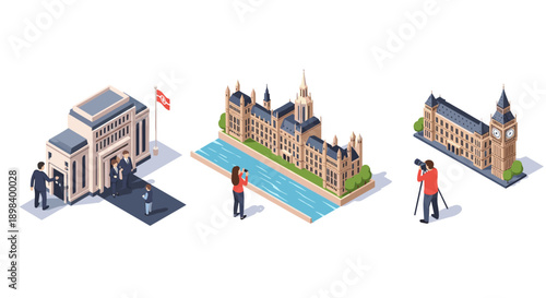Iconic london landmarks in isometric style with tourists and photographers