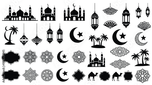 Collection of black silhouette icons representing Islamic culture and Middle Eastern themes, including mosques, lanterns, and crescent moons.
