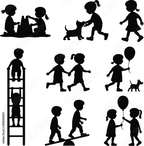 Silhouettes of children playing various outdoor games and activities Keywords: children, kids, playing, games, activities