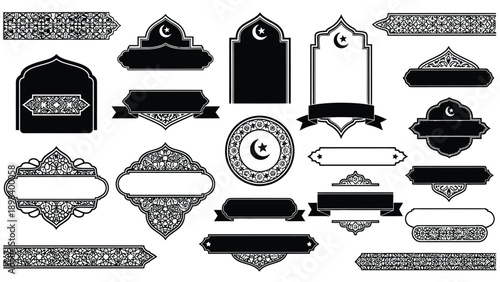 A collection of black and white Islamic decorative frames, banners, borders, and labels with crescent moon and star motifs and geometric patterns.