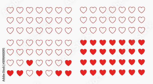 Red and outlined hearts icons in rows on white background for love valentine's day or romantic concepts