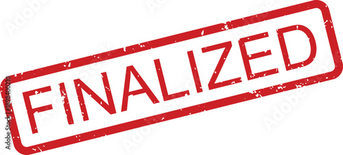 Distressed red rubber stamp impression clearly displaying the important word FINALIZED on a clean white field