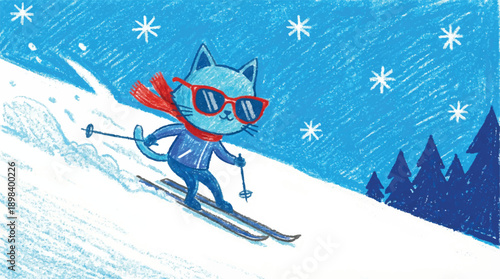 blue cat wearing red sunglasses and scarf skiing down snowy mountain