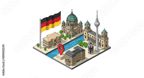 Isometric german landmark scene: flag, monuments, and famous architecture