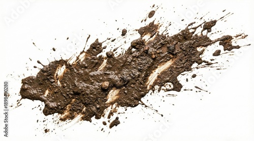 Realistic splatter of wet muddy soil on white background,isolated dirt explosion texture ideal for grunge design and dynamic energy compositions
