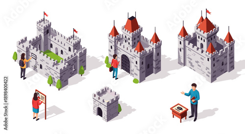 Isometric medieval castle elements with tourists and information boards