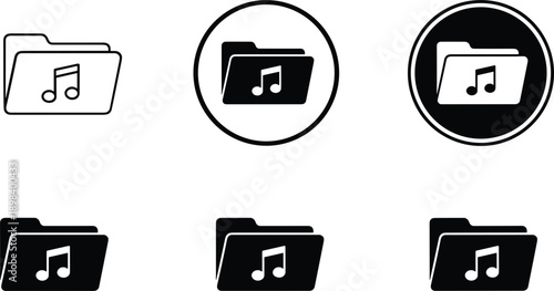 Music folder icon set audio file directory symbol minimal outline solid black white vector illustration ui app interface