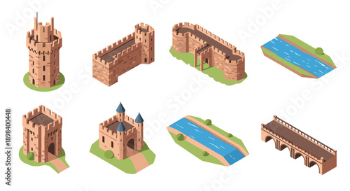 Medieval fortress and river elements in isometric design for game development and architecture