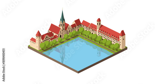 Isometric medieval castle with red roofs and reflective moat on white background