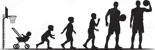 Silhouette of basketball player growth stages, child to adult, basketball evolution, sports development, life progression, athletic journey, basketball training, career path illustration
